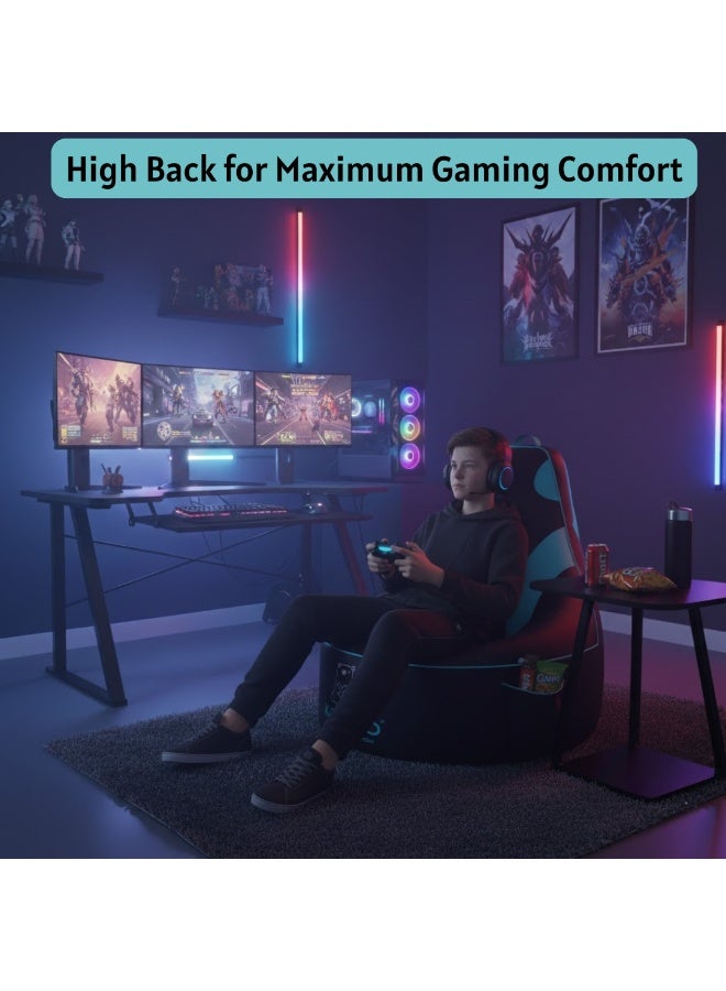VELMORE Gaming Bean Bag Chair Cover ONLY – NO FILLING / WITHOUT BEANS | High-Back Quilted Seat, Side Pockets, Headphone Hanger & Water-Repellent Fabric - Blue - Image 5